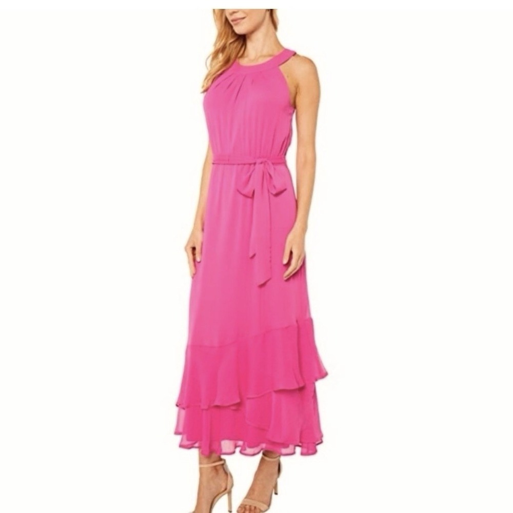 Calvin Klein Pink Chiffon Sleeveless Maxi Ruffle Dress Size 10 Wedding‎ Guest
